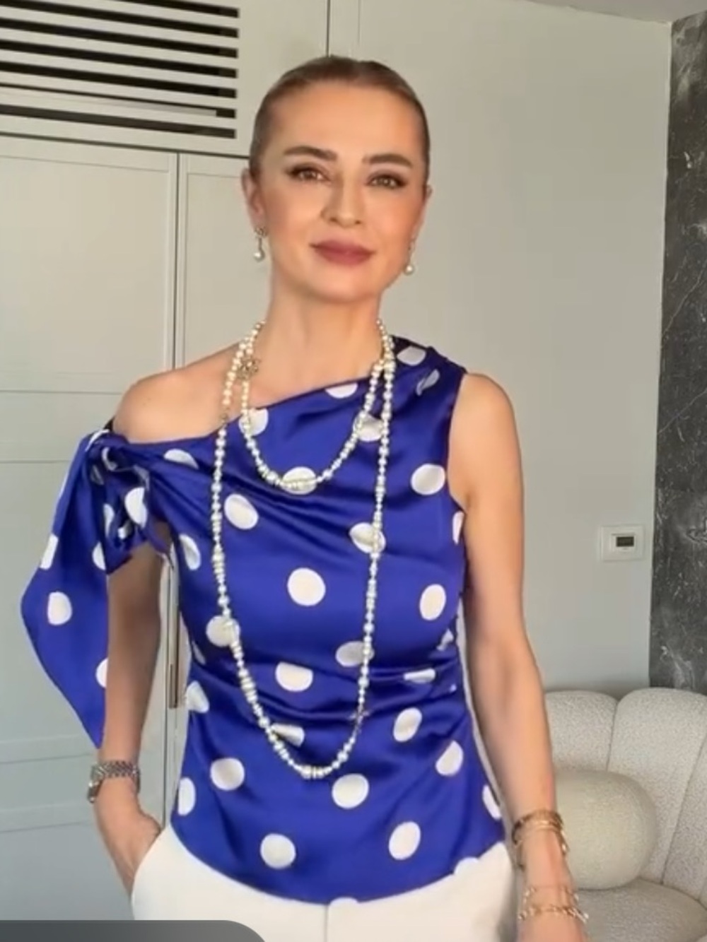 Zara Royal Blue Polka Dot One-Shoulder Top